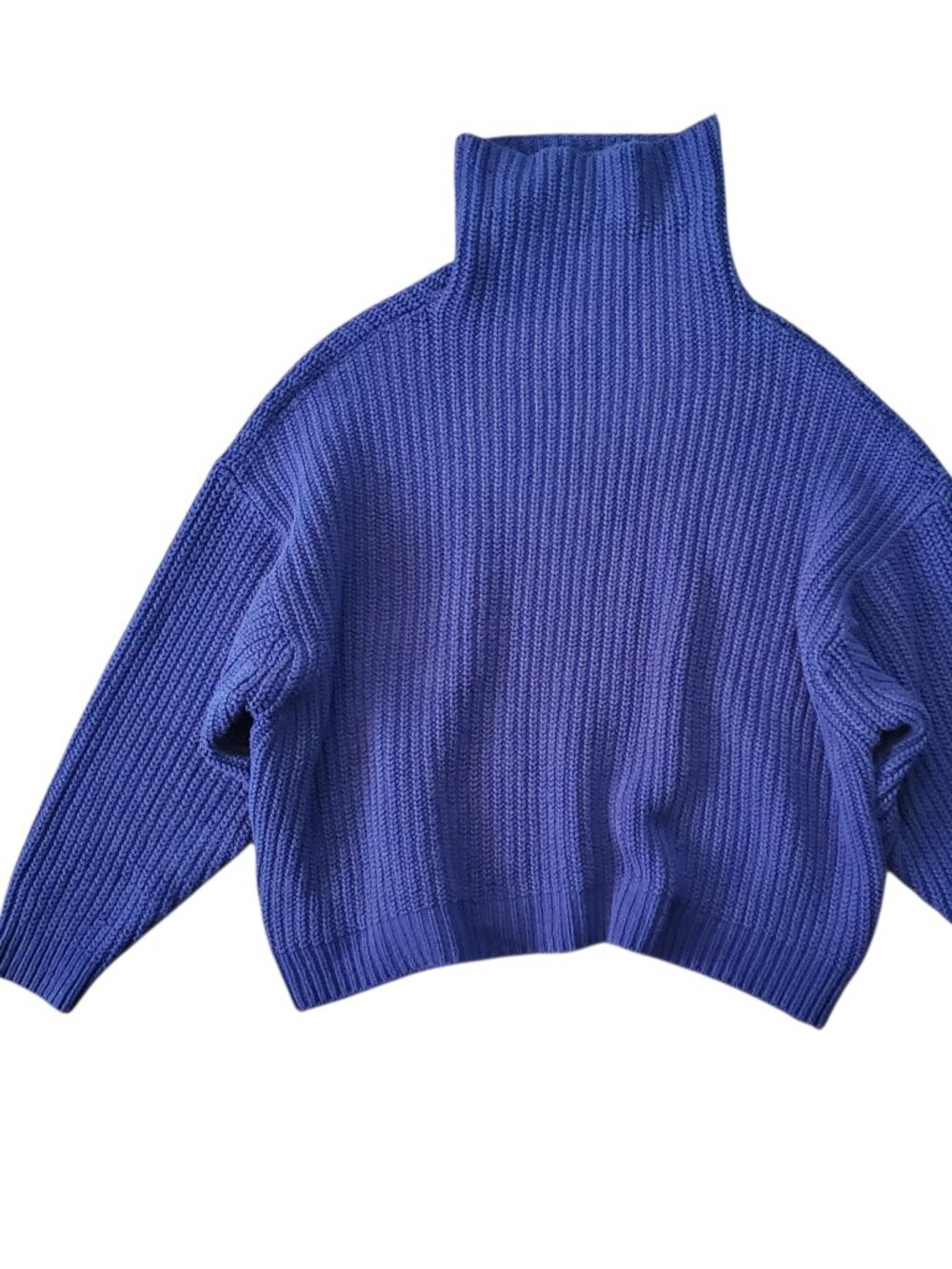 Free People Deep Blue Ribbed Oversized Turtleneck Knit Sweater - Medium